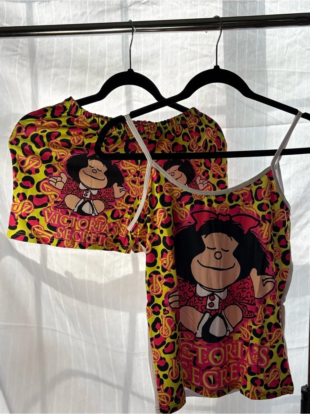 Victoria's Secret Neon Yellow Pink Black Mafalda Tank & Shorts Set